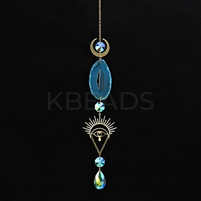 Natural Agate Piece & Metal Evil Eye Moon Hanging Ornaments PW-WG66301-07-1