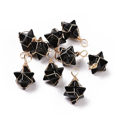 Natural Obsidian Copper Wire Wrapped Pendants G-B041-02G-16-1
