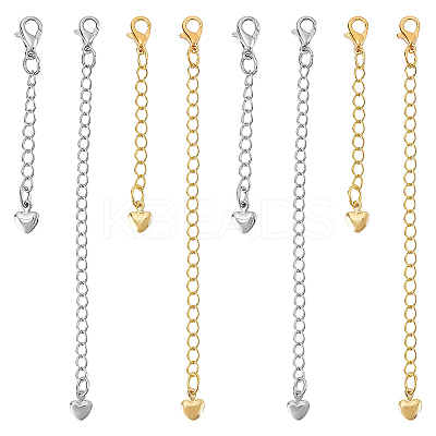 8Pcs 4 Styles Brass Chain Extender with Heart Charms and Lobster Claw Clasp FIND-ME0002-41-1
