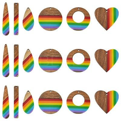 12Pcs 6 Styles Pride Rainbow Theme Resin & Walnut Wood Pendants WOOD-FS0001-32-1