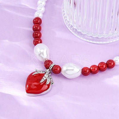 Strawberry Brass Micro Pave Clear Cubic Zirconia Red Enamel Pendant Necklaces for Women NJEW-G162-04P-1