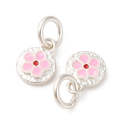 Fine Silver Pearl Pink Enamel Flat Round with Flower Charms STER-A047-04A-S-1