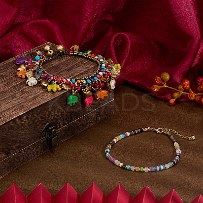 2Pcs 2 Styles Bohemian Gemstone Disc Heishi Beaded Anklets and Dyed Synthetic Turquoise Elephant Tassel Anklets for Women AJEW-PH0007-45B-1