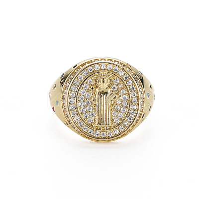 Colorful Cubic Zirconia Flat Round with Jesus Wide Band Cuff Ring RJEW-N035-079-NF-1
