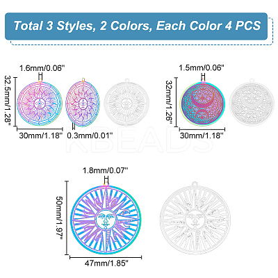 24Pcs 6 Style Ion Plating(IP) 201 & 304 Stainless Steel Filigree Pendants STAS-UN0042-06-1