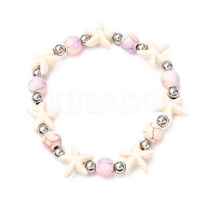 5Pcs Round & Starfish Synthetic Turquoise Beads & Brass Beads Stretch Bracelets Sets BJEW-JB12417-1