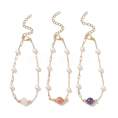 Round Natural Gemstone & Shell Pearl Beads Link Bracelets BJEW-JB12812-1