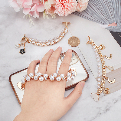 3Pcs 3 Style Pearl Plastic Beads Charms Link Chain Phone Case Double Chain Strap Set AJEW-WR0001-42-1
