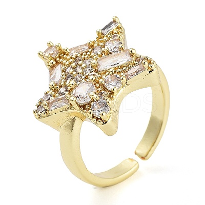 Rack Plating Brass Micro Pave Cubic Zirconia Star Open Cuff Rings for Women RJEW-C080-08G-1