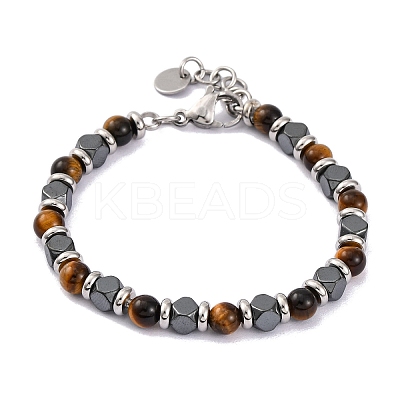 Natural Tiger Eye & Magnetic Synthetic Hematite Round Beaded Bracelet X-BJEW-P339-02P-03-1