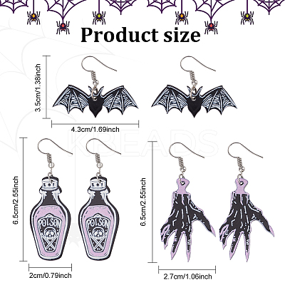3 Pairs 3 Style Skeleton Hand & Bat & Bottle Acrylic Dangle Earrings for Halloween EJEW-AN0002-93-1