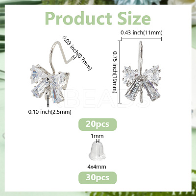 20Pcs Bowknot Brass Micro Pave Clear Cubic Zirconia Earring Hooks ZIRC-GO0001-02-1