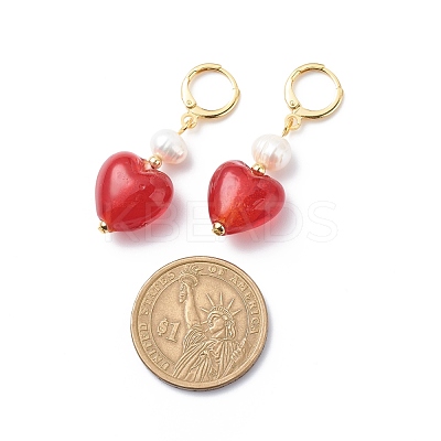 Red Glass Heart with Natural Pearl Dangle Leverback Earrings EJEW-TA00129-1