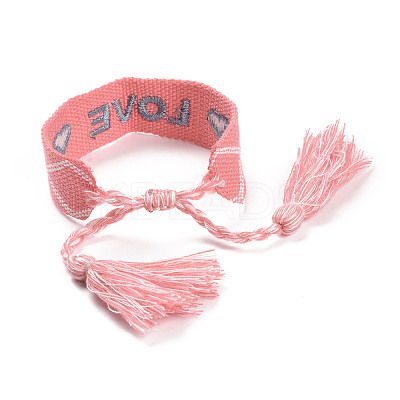 Word Love Polycotton(Polyester Cotton) Braided Bracelet with Tassel Charm BJEW-F429-06-1