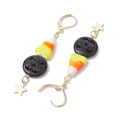 Halloween Candy Corn Handmade Lampwork & Black Pumpkin Synthetic Turquoise Leverback Dangle Earrings EJEW-JE05872-1