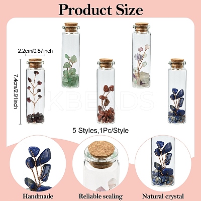 5Pcs 5 Styles Gemstone Chips Bonsai Tree in Column Glass Wish Bottles AJEW-YW0001-58-1