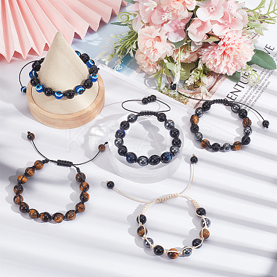 5Pcs 5 Styles Natural & Synthetic Mixed Gemstone Round & Evil Eye Braided Bead Bracelets Set BJEW-AN0001-54-1