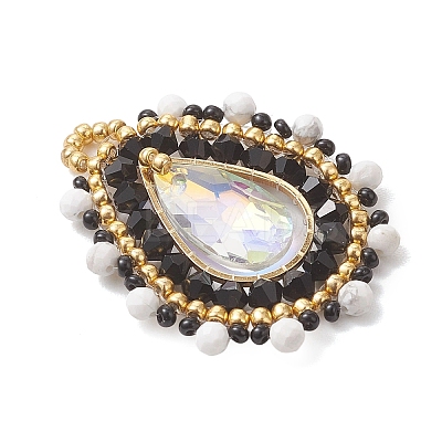3Pcs 3 Colors Natural Howlite & Dyed Magnesite & Tiger Eye Faceted Round and Glass Seed Beaded Pendants PALLOY-MZ01218-1