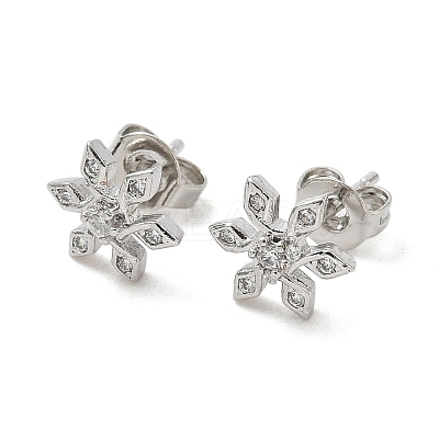 Flower Brass Micro Pave Clear Cubic Zirconia Stud Earrings EJEW-F383-07P-1