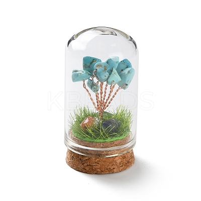 Syntheticl Crackle Turquoise Chips Money Tree in Dome Glass Bell Jars with Wood Base Display Decorations DJEW-K030-02G-1