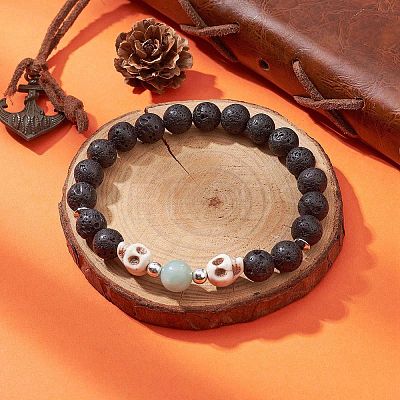 2Pcs 2 Style Skull & Cross & Round Natural & Synthetic Mixed Gemstone Beaded Stretch Bracelets Set BJEW-JB09519-1