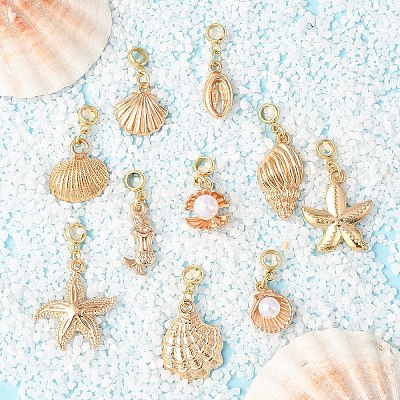 10Pcs 10 Styles Ocean Theme Alloy with Plastic Pearl European Dangle Charms PALLOY-YW00089-1