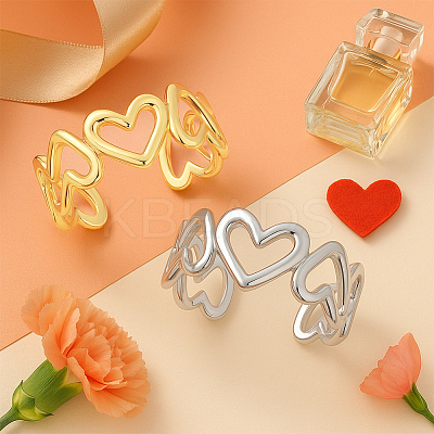 2Pcs 2 Colors Adjustable 304 Stainless Steel Hollow Heart Cuff Rings for Women RJEW-HY0001-09-1