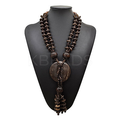 Boho Coconut & Wood Handmade Ethnic Donut Pendant Long Tassel Beaded Necklaces for Beach Vacation WGD9A0D-02-1