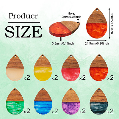 16Pcs 8 Colors Transparent Resin & Walnut Wood Pendants RESI-TA0002-66-1