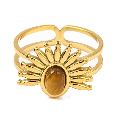 Oval Natural Tiger Eye Finger Rings RJEW-Q822-49G-02-1