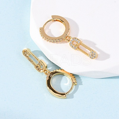 Safety Pin Brass Micro Pave Cubic Zirconia Hoop Earrings EJEW-F384-15G-01-1
