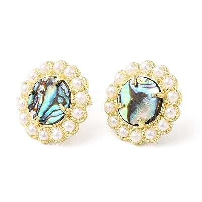 Ion Plating(IP) Natural Shell Flower Stud Earrings with Plastic Pearl Beaded EJEW-E599-04G-03-1