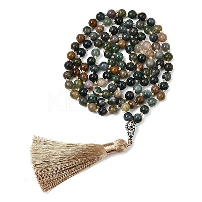 Natural Indian Agate Mala Prayer Round Beaded Wrap Necklaces with Long Tassel and Metal Tree of Life FS-WG93CBE-01-1