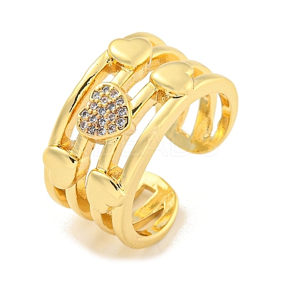 Brass Micro Pave Clear Cubic Zirconia Heart Open Cuff Ring for Women RJEW-M173-09A-G-1