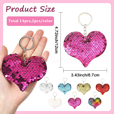 14Pcs 7 Colors PVC Reflective Sequin Heart Pendant Keychain KEYC-YW0001-27-1