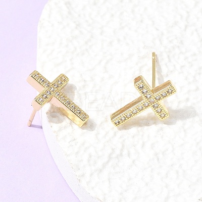 Cross Brass Micro Pave Clear Cubic Zirconia Stud Earrings EJEW-C186-18G-01-1