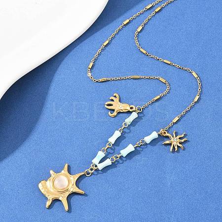 304 Stainless Steel Crystal Rhinestone and Cat Eye Conch Shape Octopus Pendant Dyed Natural Shell Bamboo Stick Link Chain Necklaces NJEW-K252-11G-1