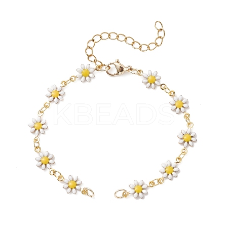 Brass Enamel Daisy Flower Link Chain Bracelet Making AJEW-JB01438-01-1