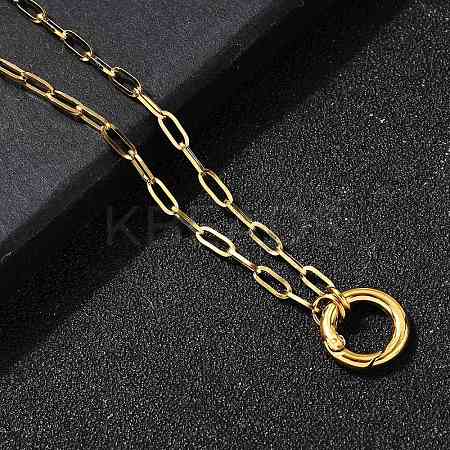 304 Stainless Steel Spring Gate Ring Pendant Paperclip Chain Necklaces for Women NJEW-Z091-13G-1