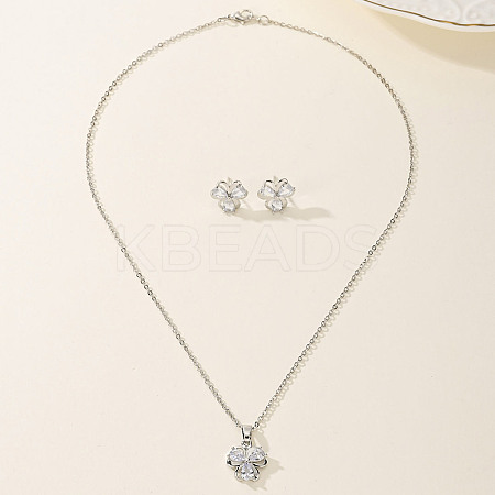 Vintage Brass Cubic Zirconia Clover Stud Earrings & Necklaces Set for Women UB5162-1