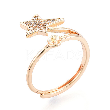 Star Shape Brass Micro Pave Clear Cubic Zirconia Adjustable Ring Settings KK-T076-51G-1