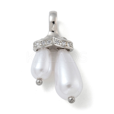 Rack Plating Brass Micro Pave Clear Cubic Zirconia with ABS Plastic Pearl Pendants KK-G515-57P-1