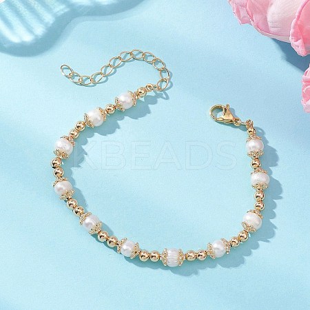 Natural Cultured Freshwater Pearl & Brass Beaded Bracelets for Women BJEW-JB13015-01-1