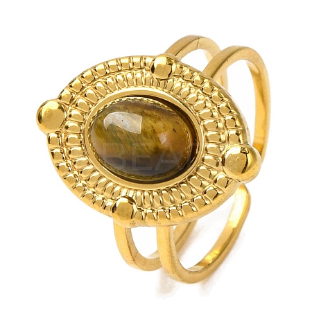 Oval Natural Tiger Eye Finger Rings RJEW-Q822-51G-01-1