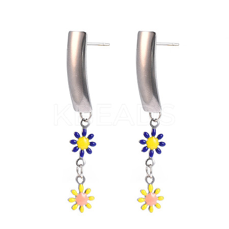 Rectangle with Flower Enamel Long Dangle Stud Earrings EJEW-N049-06A-1