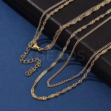 304 Stainless Steel Singapore Chain Double Layered Necklaces for Women NJEW-U050-02B-G-1