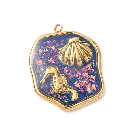 304 Stainless Steel Epoxy Resin with Natural Shell and Sequins Inside Pendants STAS-L026-17G-N04-1