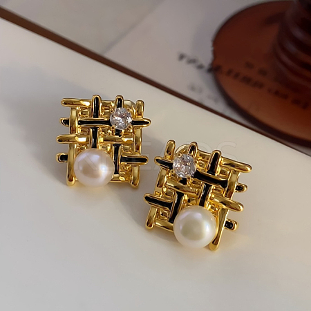 Woven Rhombus Brass Micro Pave Clear Cubic Zirconia Stud Earrings EJEW-Z104-02G-1