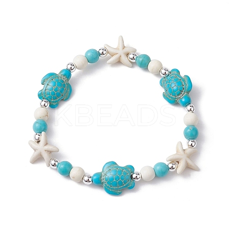 Turtle & Starfish Synthetic Turquoise Beaded Stretch Bracelet BJEW-JB09968-02-1