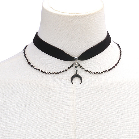 Moon Zinc Alloy Tassel Layered Black Velvet Cord Choker Necklaces FS-WG2E652-04-1